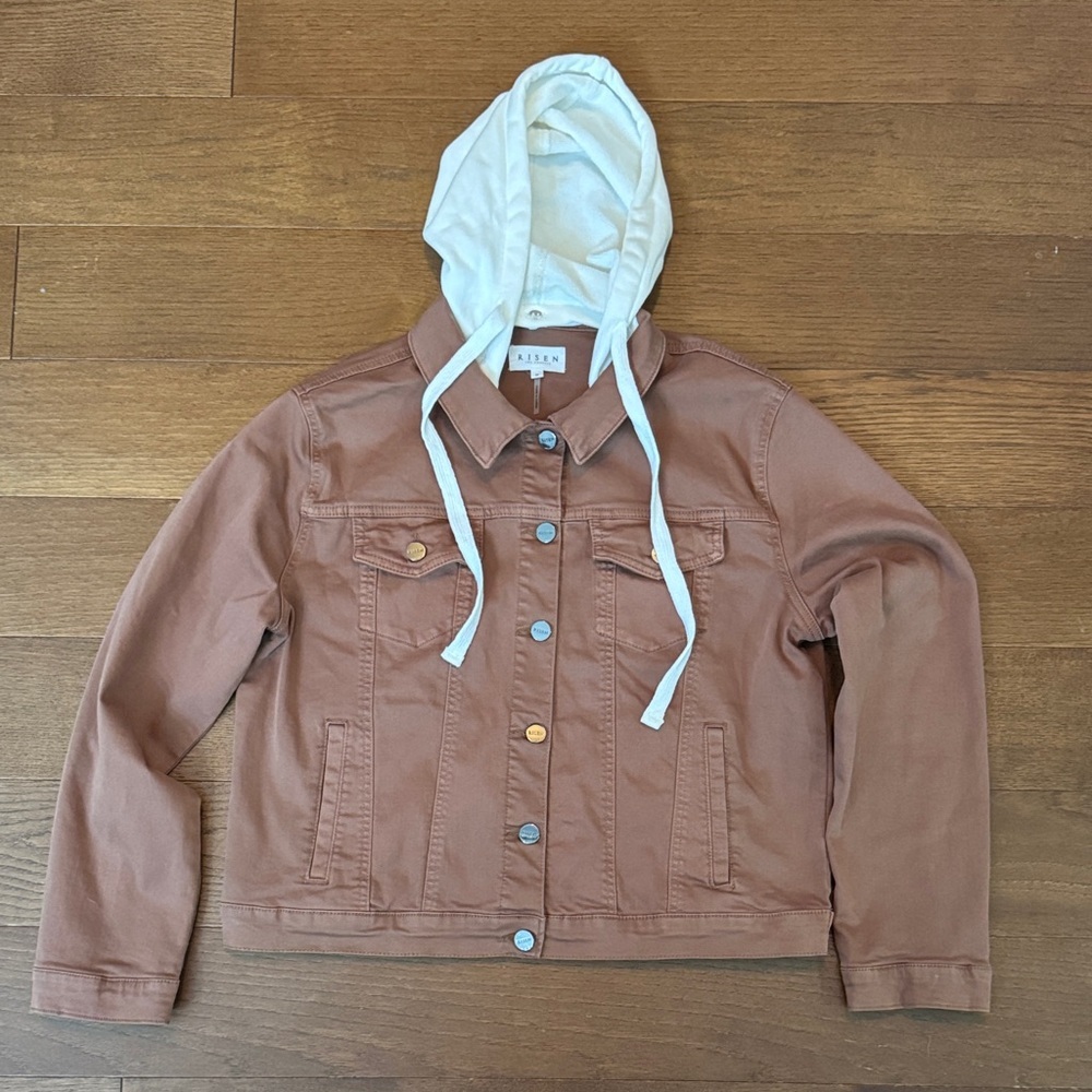 Men's Lightweight Shirt Jacket with Removable Cream Hood in Brown